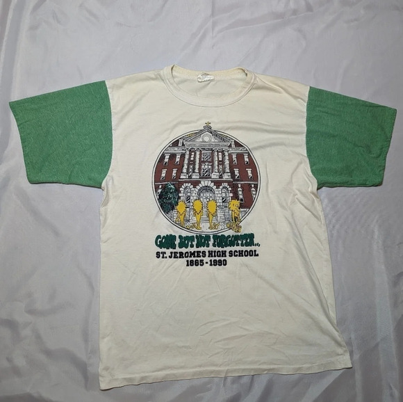 Vintage Single Stitch Highschool St. Jerome's Waterloo Green and White T Shirt S - Picture 1 of 9